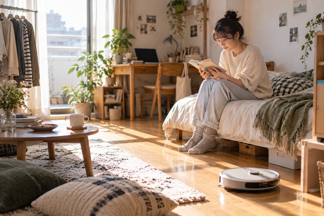 ロボット掃除機が動く部屋で、ベッドに腰かけて本を読む女性