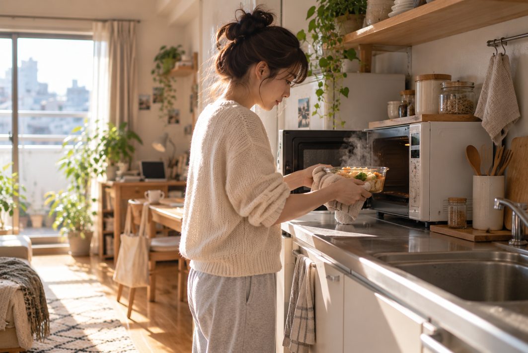 小さなキッチンでレンジ調理をする女性