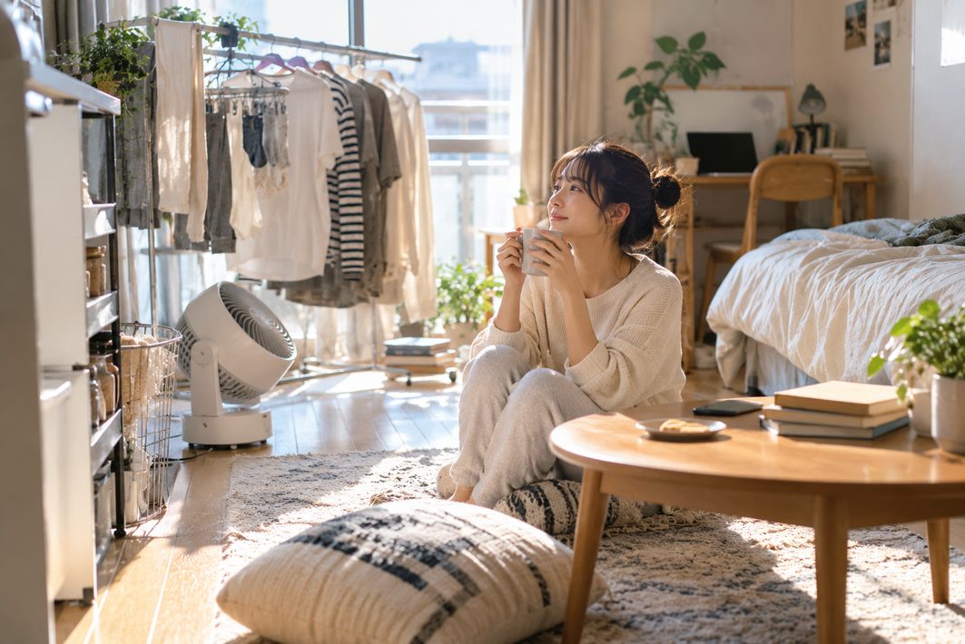 部屋干しの洗濯物とサーキュレーターのある部屋で、マグカップを手にくつろぐ女性